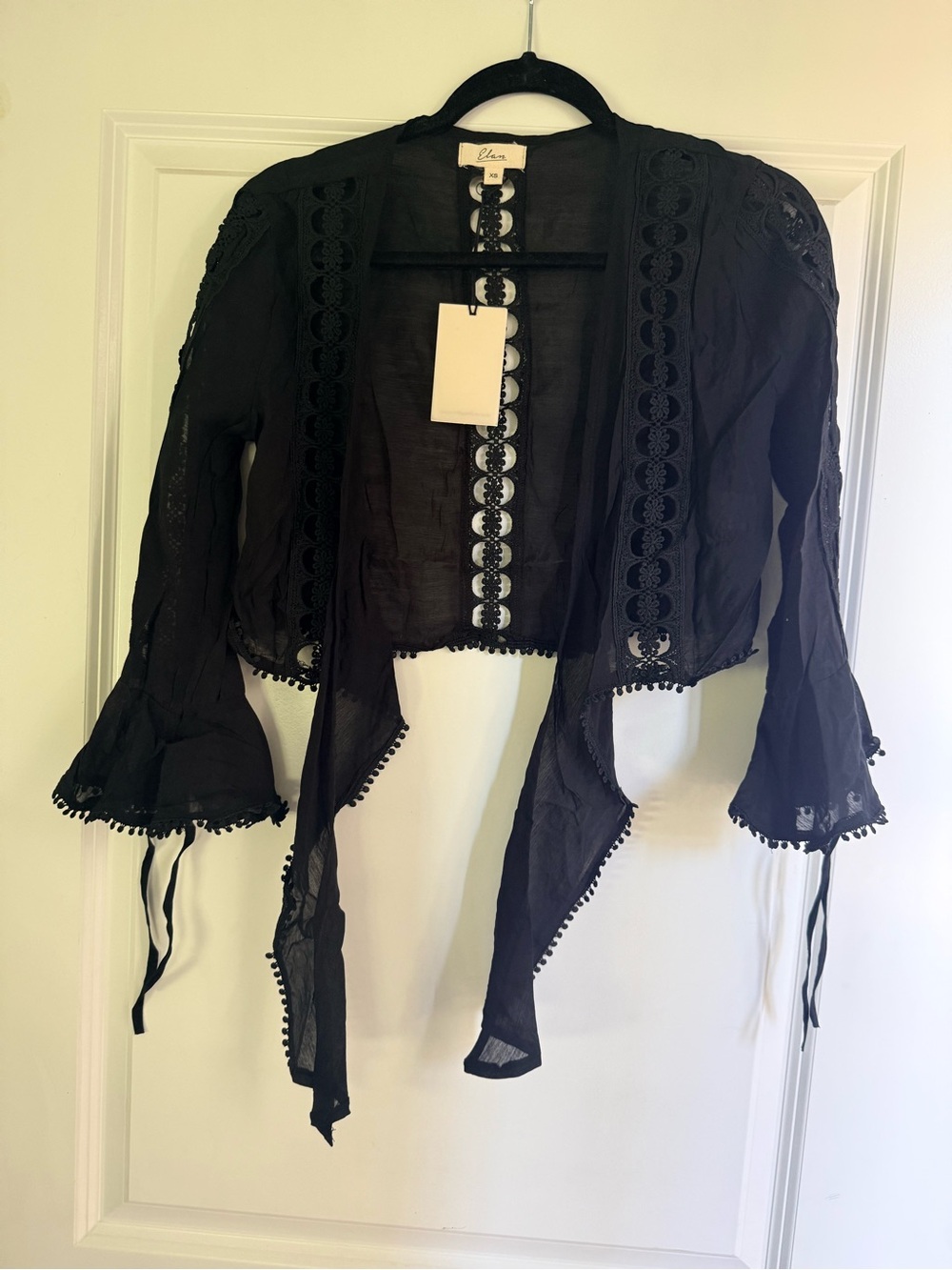 Elan Black Sheer Crochet-Trim Tie-Front Camisole